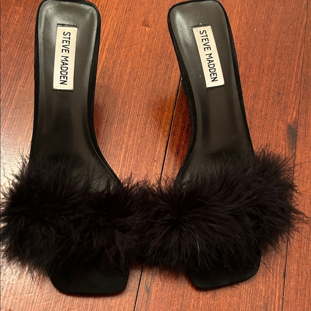 Steve Madden Black Furry Mules